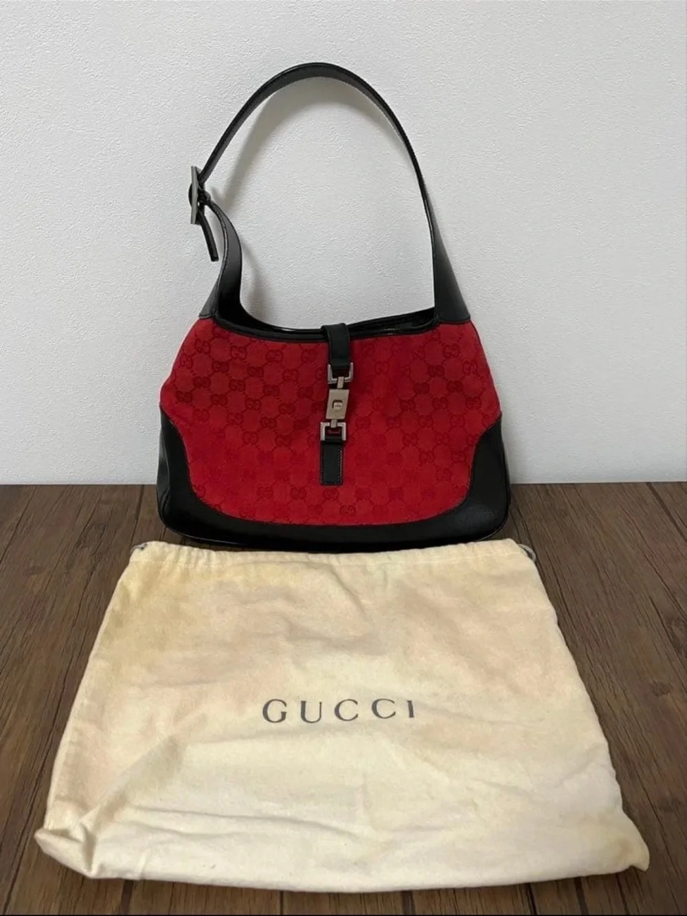Gucci Red Monogram Shoulder Bag with Black Trim
